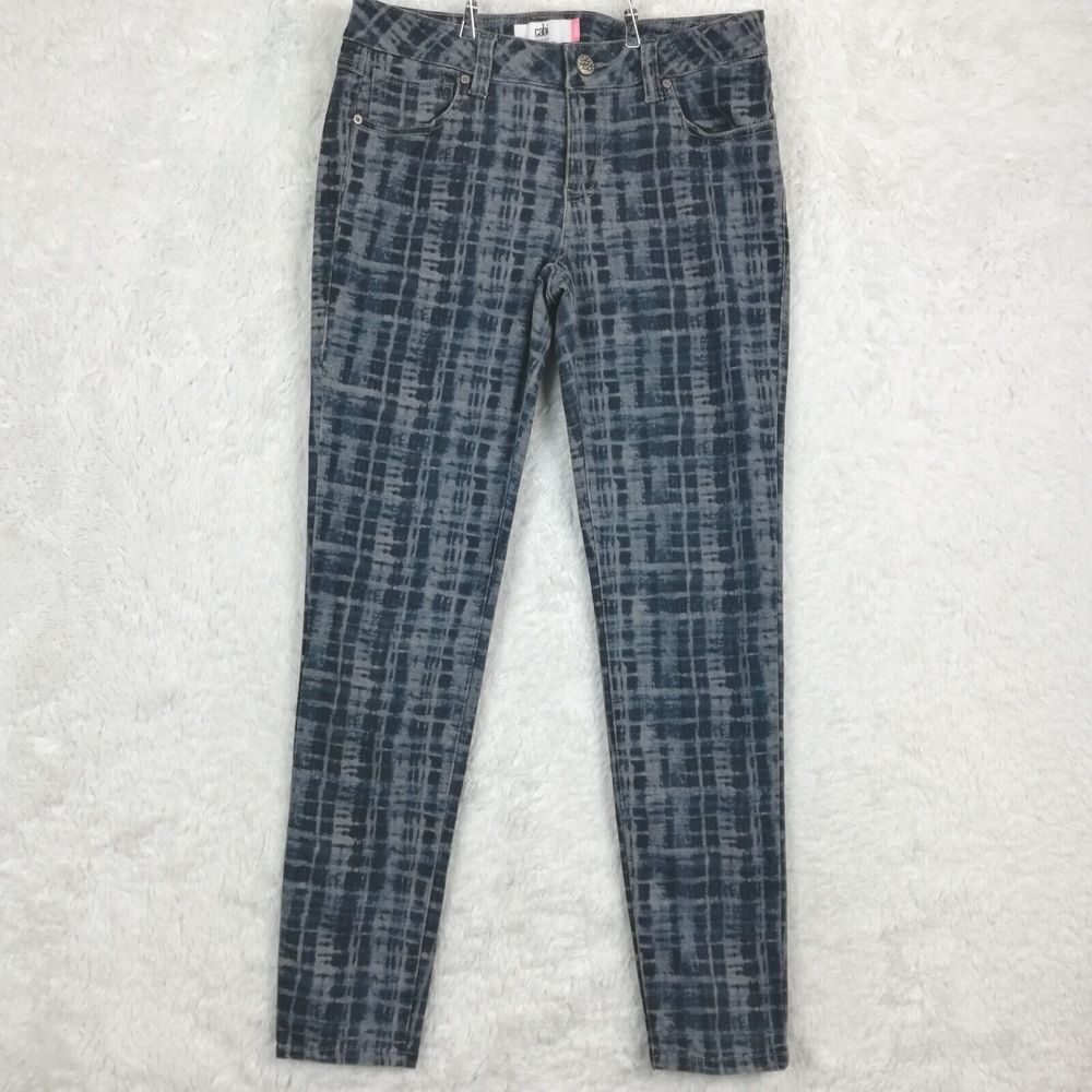 Cabi Womens Jeans Skinny Denim Grid Print Navy Gray Low Rise Stretch 8